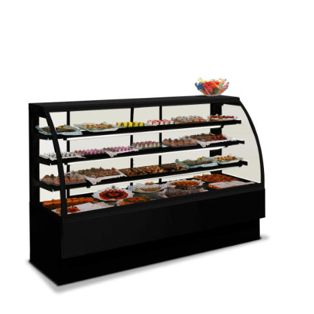 BANCO VETRINA PER ALIMENTI - SERVIZIO ASSISTITO - 3 MENSOLE IN VETRO - ILLUMINAZIONE INTERNA- VETRI FRONTALI APRIBILI-NORMA CE