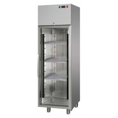 ARMADIO FRIGO - CAPACITA' 400 LITRI - INTERAMENTE IN ACCIAIO INOX AISI 304 - GASTRONORM GN 1/1 (530 X 325 mm) - 1 PORTA IN VETRO CHIUSURA AUTOMATICA - ILLUMINAZIONE NEON INTERNA - TEMPERATURA 0°/+10° - REFRIGERAZIONE VENTILATA - SBRINAMENTO AUTOMATICO - DIMENSIONI CM L60 X P62 X H 190/208