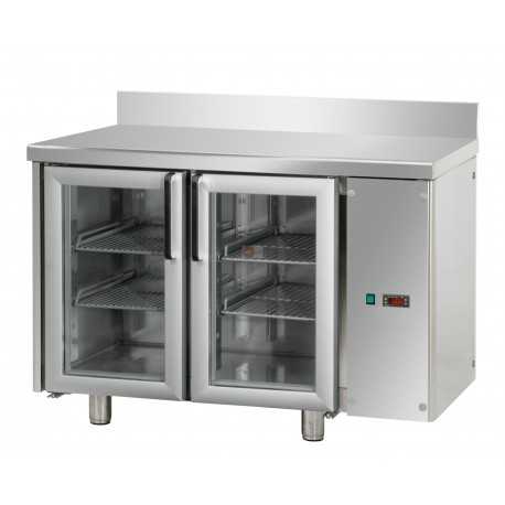 TAVOLO REFRIGERATO - CON MOTORE REMOTO INCLUSO - DISTANZA MASSIMA 10 METRI - TEMPERATURA POSITIVA 0°/+10° - CAPACITA' 310 LITRI - INTERAMENTE IN ACCIAIO INOX AISI 304 - GASTRONORM GN 1/1 (530 X 325 mm) - 2 PORTE IN VETRO - PIANO LISCIO E ALZATINA - 1 LUCE NEON - DIMENSIONI CM L120 X P70 X H 95/102