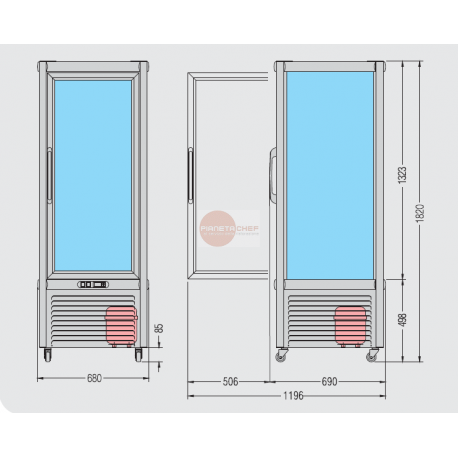 VETRINA ESPOSIZIONE PASTICCERIA - 4 LATI VETRATI - 5 RIPIANI IN CRISTALLO 500 X 430 mm - ILLUMINAZIONE NEON - CAPACITA' 400 LT - RUOTE DI SERIE - CENTRALINA ELETTRONICA - REFRIGERAZIONE VENTILATA - SBRINAMENTO AUTOMATICO - TEMPERATURA +4°/+10° - DIMENSIONI CM L 68 X P 69 X H 182