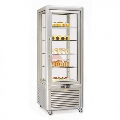 VETRINA ESPOSIZIONE PASTICCERIA - 4 LATI VETRATI - 5 RIPIANI IN CRISTALLO 500 X 430 mm - ILLUMINAZIONE NEON - CAPACITA' 400 LT - RUOTE DI SERIE - CENTRALINA ELETTRONICA - REFRIGERAZIONE VENTILATA - SBRINAMENTO AUTOMATICO - TEMPERATURA +4°/+10° - DIMENSIONI CM L 68 X P 69 X H 182