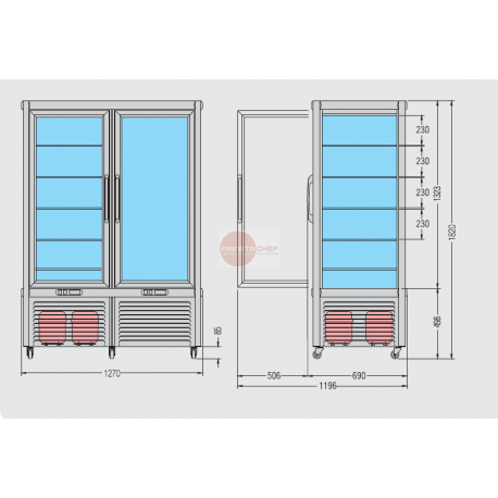 VETRINA ESPOSIZIONE PASTICCERIA DOPPIA TEMPERATURA E DOPPIO MOTORE - 4 LATI VETRATI - 10 RIPIANI IN GRIGLIA A FILO INOX IN DOTAZIONE - ILLUMINAZIONE NEON - CAPACITA' 800 LT - RUOTE DI SERIE - CENTRALINA ELETTRONICA - REFRIGERAZIONE VENTILATA A DX E STATICA A SX - TEMPERATURA +4°/+10° LATO DX- TEMPERATURA -5°/-17° LATO SX - DIMENSIONI CM L 127 X P 69 X H 182
