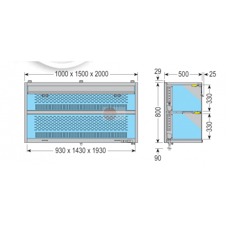 PENSILE REFRIGERATO - CON MOTORE REMOTO INCLUSO - DISTANZA MAX 5 mt - STRUTTURA IN ACCIAIO INOX AISI 304 - RIPIANI ILLUMINATI - TENDA NOTTE DI SERIE - STAFFE DA MURO IN DOTAZIONE - QUADRO ELETTRONICO COMPLETO DI TERMOSTATO - TEMPERATURA +4°/+8° - REFRIGERAZIONE STATICA - SBRINAMENTO AUTOMATICO - DIMENSIONI CM L 200 X P 50 X H 80