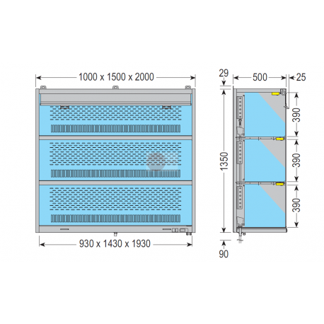 PENSILE REFRIGERATO - CON MOTORE REMOTO INCLUSO - DISTANZA MAX 5 mt - STRUTTURA IN ACCIAIO INOX AISI 304 - RIPIANI ILLUMINATI - TENDA NOTTE DI SERIE - STAFFE DA MURO IN DOTAZIONE - QUADRO ELETTRONICO COMPLETO DI TERMOSTATO - TEMPERATURA +4°/+8° - REFRIGERAZIONE STATICA - SBRINAMENTO AUTOMATICO - DIMENSIONI CM L 150 X P 50 X H 135