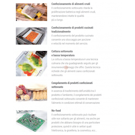 SOTTOVUOTO A CAMPANA - STRUTTURA IN ACCIAIO INOX - POMPA BUSH DA 20 m³/h. - DOPPIA BARRA SALDANTE 420 + 420 mm - DISPLAY TOUCH SCREEN RETROILLUMINATO PROGRAMMABILE E CON INDICATORE DELLA PERCENTUALE DEL VUOTO - IDEALE ANCHE PER LIQUIDI - POSSBILITA' DEL GAS INERTE E STAMPANTE TERMICA (OPTIONAL) - POTENZA 750 W - DIMENSIONI ESTERNE CM L 62,5 x P 53,7 X H 51,3 SOTTOVUOTO A CAMPANA - STRUTTURA IN ACCIAIO INOX - POMPA BUSH DA 20 m³/h. - DOPPIA BARRA SALDANTE 420 + 420 mm - DISPLAY TOUCH SCREEN RETROILLUMINATO PROGRAMMABILE E CON INDICATORE DELLA PERCENTUALE DEL VUOTO - IDEALE ANCHE PER LIQUIDI - POSSBILITA' DEL GAS INERTE E STAMPANTE TERMICA (OPTIONAL) - POTENZA 750 W - DIMENSIONI ESTERNE CM L 62,5 x P 53,7 X H 51,3