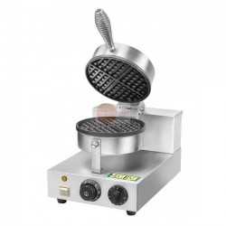 MACCHINA PER WAFFLE - STRUTTURA IN ACCIAIO INOX - PIASTRA COTTURA TEFLONATA - TERMOSTATO 50-300° - TIMER 0-5 MINUTI - POTENZA 1000 W - DIMENSIONI CM L 25,5 X P 43,5 X H 25,5/57 cm