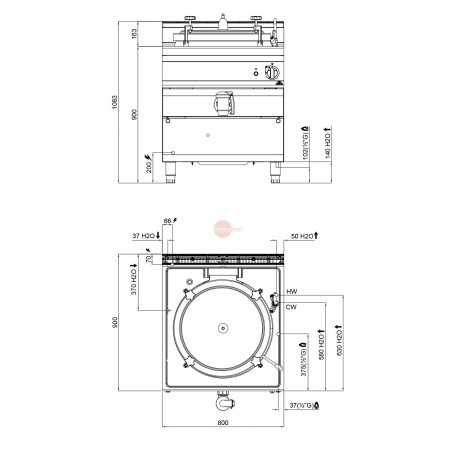 PENTOLA A GAS RISCALDAMENTO DIRETTO - CAPACITA' 100 LT - POTENZA 21 KW - STRUTTURA INTERAMENTE IN ACCIAIO INOX AISI 304 18/10 - DIMENSIONI cm L 80 X P 90 X H 85