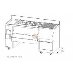 BANCO COCKTAIL IN ACCIAIO INOX AISI 304- COMPLETA DI LAVELLO,DIVISORI E VASCHETTE CON COPERCHI-DIMENSIONI CM L155 x P56 x H83,5