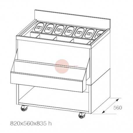 BANCO COCKTAIL INTERAMENTE IN ACCIAIO INOX AISI 304- COMPLETA DI 7 VASCHETTE GN 1/9 CON COPERCHI-DIMENSIONI CM L82 x P56 x H83,5