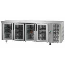 TAVOLO REFRIGERATO - 4 PORTE IN VETRO - ILLUMINAZIONE NEON - PIANO LISCIO - STRUTTURA INTERAMENTE IN ACCIAIO INOX AISI 304 - MODELLO GASTRONORM (530 X 325 MM) PROFONDITA' 70 CM - TEMPERATURA 0°/+10° - CAPACITA' 620 LT - REFRIGERAZIONE VENTILATA - SBRINAMENTO AUTOMATICO - DIMENSIONI CM L 232 X P 70 X H 85/92