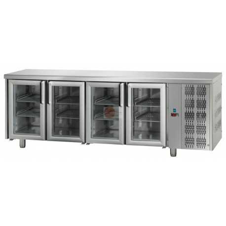 TAVOLO REFRIGERATO - 4 PORTE IN VETRO - ILLUMINAZIONE NEON - PIANO LISCIO - STRUTTURA INTERAMENTE IN ACCIAIO INOX AISI 304 - MODELLO GASTRONORM (530 X 325 MM) PROFONDITA' 70 CM - TEMPERATURA 0°/+10° - CAPACITA' 620 LT - REFRIGERAZIONE VENTILATA - SBRINAMENTO AUTOMATICO - DIMENSIONI CM L 232 X P 70 X H 85/92
