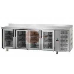 TAVOLO REFRIGERATO - 4 PORTE IN VETRO - ILLUMINAZIONE NEON - PIANO LISCIO CON ALZATINA - STRUTTURA INTERAMENTE IN ACCIAIO INOX AISI 304 - MODELLO GASTRONORM (530 X 325 MM) PROFONDITA' 70 CM - TEMPERATURA 0°/+10° - CAPACITA' 620 LT - REFRIGERAZIONE VENTILATA - SBRINAMENTO AUTOMATICO - DIMENSIONI CM L 232 X P 70 X H 85/92