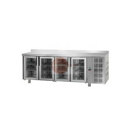 TAVOLO REFRIGERATO - 4 PORTE IN VETRO - ILLUMINAZIONE NEON - PIANO LISCIO CON ALZATINA - STRUTTURA INTERAMENTE IN ACCIAIO INOX AISI 304 - MODELLO GASTRONORM (530 X 325 MM) PROFONDITA' 70 CM - TEMPERATURA 0°/+10° - CAPACITA' 620 LT - REFRIGERAZIONE VENTILATA - SBRINAMENTO AUTOMATICO - DIMENSIONI CM L 232 X P 70 X H 85/92