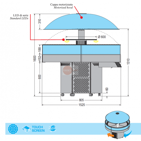 ISOLA BUFFET REFRIGERATA - IDEALE PER GASTRONOMIA E PASTICCERIA A 360° - CAPPA MOTORIZZATA - ILLUMINAZIONE A LED - PORTA USB - REFRIGERAZIONE VENTILATA - TEMPERATURA +4°/+10° - DIMENSIONI ø 1525 x h. 1600 mm ISOLA BUFFET REFRIGERATA - IDEALE PER GASTRONOMIA E PASTICCERIA A 360° - CAPPA MOTORIZZATA - ILLUMINAZIONE A LED - PORTA USB - REFRIGERAZIONE VENTILATA - TEMPERATURA +4°/+10° - DIMENSIONI ø 1525 x h. 1600 mm