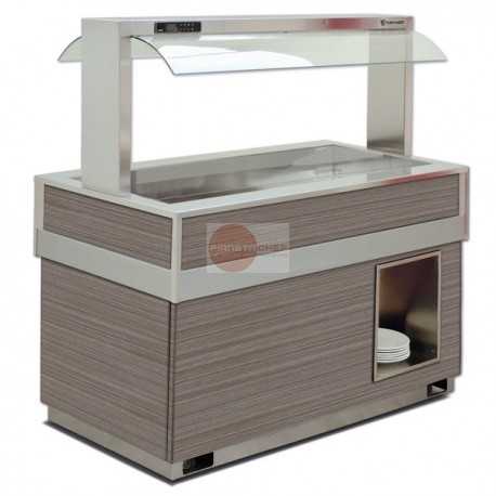 ISOLA BUFFET REFRIGERATA - CAPPA FISSA IN VETRO - COSTRUZIONE ACCIAIO INOX - PANNELLI MULTISTRATO FINITURA IN LEGNO - COLORE PINO ARTICO - ILLUMINAZIONE LED - REFRIGERAZIONE STATICA - SBRINAMENTO AUTOMATICO - TEMPERATURA -1°/+0°