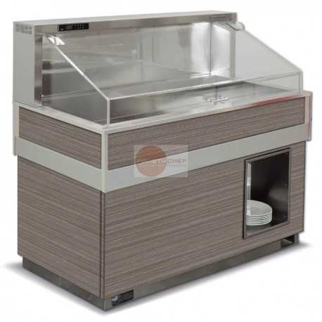 ISOLA BUFFET REFRIGERATA - CAPPA AD ALTA TRASPARENZA APRIBILE SUI LATI - COSTRUZIONE ACCIAIO INOX - PANNELLI MULTISTRATO FINITURA IN LEGNO - COLORE PINO ARTICO - ILLUMINAZIONE LED - REFRIGERAZIONE STATICA - SBRINAMENTO AUTOMATICO - TEMPERATURA -2°/+0°