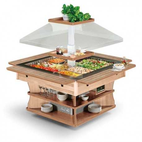 ISOLA BUFFET REFRIGERATA - STRUTTURA ESTERNA IN LEGNO - VASCA IN ACCIAIO INOX - CAPPA MOTORIZZATA - ILLUMINAZIONE LED - TEMPERATURA +4°/+10° - REFRIGERAZIONE STATICA - SBRINAMENTO AUTOMATICO