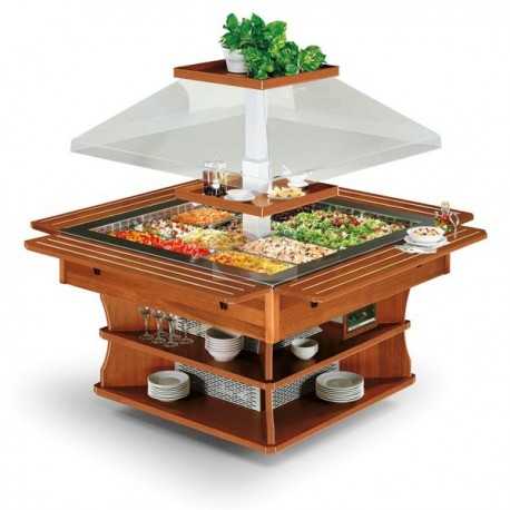 ISOLA BUFFET REFRIGERATA - STRUTTURA ESTERNA IN LEGNO - VASCA IN ACCIAIO INOX - CAPPA MOTORIZZATA - ILLUMINAZIONE LED - TEMPERATURA +4°/+10° - REFRIGERAZIONE STATICA - SBRINAMENTO AUTOMATICO