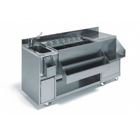 BANCO COCKTAIL IN ACCIAIO INOX AISI 304- COMPLETA DI LAVELLO,DIVISORI E VASCHETTE CON COPERCHI-DIMENSIONI CM L155 x P56 x H83,5